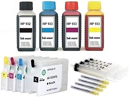 Refillable Auto Reset Chip Ink Cartridges like HP 932 XL black CN053AE + CN057AE, HP 933 XL cyan CN055AE, HP 933 XL magenta CN054AE, HP 933 XL yellow CN056AE + 4 x 100 ml INK-Mate inks
