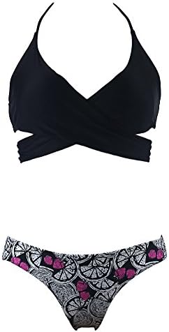 Qiaoer Womens 2 Piece Push Up Black Bikini Top Floral Printing Bottom Swimsuit (XL, Black-White Lemon)