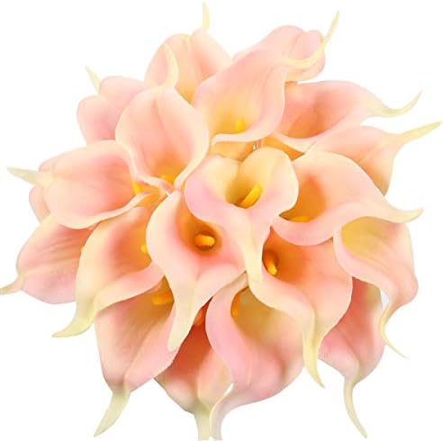 Duovlo 20pcs Calla Lily Bridal Wedding Bouquet Lataex Real Touch Artificial Flower Home Party Decor (Pink Yellow)