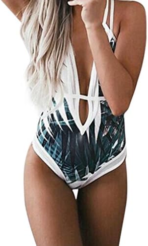 Vcenty Women's Sexy One Piece Bandage Criss Cross Monokini Swimwear Palm Leaves Bikini Swimsuit Beachwear (M, White)