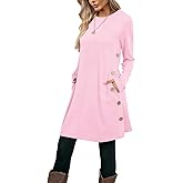 Poetsky Womens Tunic or Tops to Wear with Leggings Long Sleeve Side Buttons Swing Casual Long Shirts with Pockets S-3XL