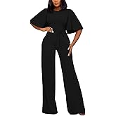 BessCops Womens Loose Short Sleeve Belted Wide Leg Pant Romper Jumpsuit Casual Business One Piece Outfits