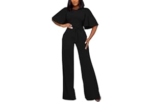 BessCops Womens Loose Short Sleeve Belted Wide Leg Pant Romper Jumpsuit Casual Business One Piece Outfits