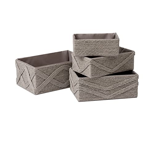 LA JOLIE MUSE Gray Storage Baskets - Set of 4 Sturdy Woven Paper Rope Decorative Baskets, Stackable Wicker for Makeup Closet, Bathroom, Bedroom