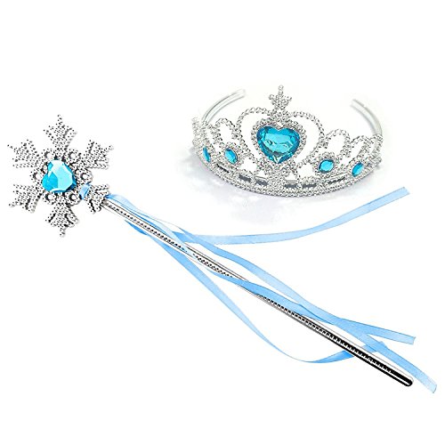 Kuzhi Frozen Crown Tiara and Wand Set â€“ Silver Heart Jewel (Blue,Snowflake Wand)