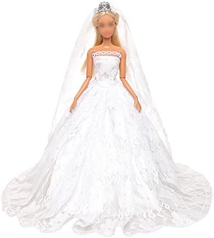 BARWA White Wedding Dress with Long Veil Evening Party Princess