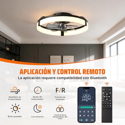 Ventilador de Techo con Luz 50cm/20in, Lámpara con Remoto y APP, Luz 3 Colores, 6 Velocidades, Función Temporizador, Motor de CC Silencioso y Reversible