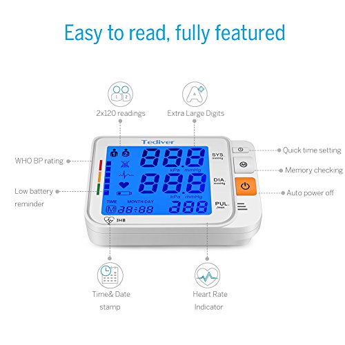 Digital Blood Pressure Monitor, Large Cuff 0.7-1.3 Feet, Electric Upper Arm Blood Pressure Machine with Electric Powered Charger and Device Case, Backlight LCD screen, 2 Year Warranty