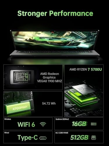 Tivique 2026 15.6 Inch Laptop Gamer with Ryzen 7 5700U (up to 4.3GHz) 8C/16T, 16GB RAM DDR4*2 + 512GB SSD M.2, 1080 FHD, BT5.2, USB3.2, Type-C, HDMI, Fast 65W, WiFi 6