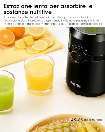 Fretta Fruit and Vegetable Extractor, 108MM Opening and Capacity of 1L Juice Extractor, 200W Slow Center, 99% Preserved Nutrients, BPA Free, Easy to Disassemble and Clean
