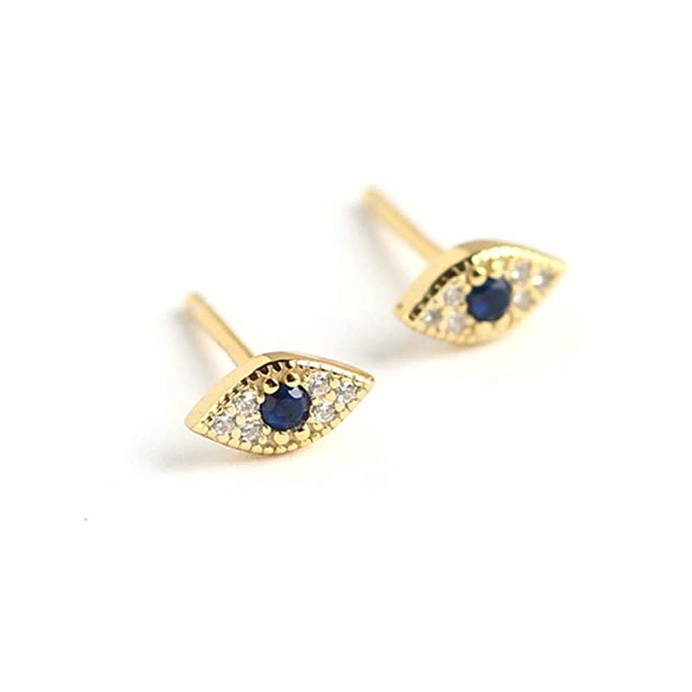 Dainty Evil Eye Mini Stud Earrings Sterling Silver Blue Crystal CZ Wedding Earring Ear Piercing Studs for Women Girls (Gold)