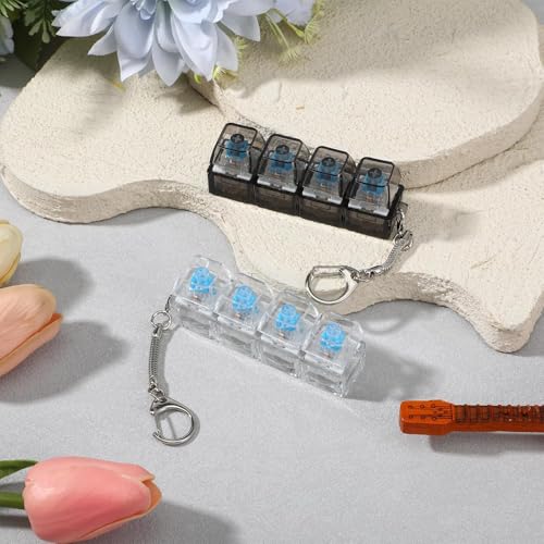 2Pcs Keyboard Fidget Keychain, 4-in-1 Keyboard Decompression Button Finger Clicker Toys, Button Stress Relief Fidget Gift for Office Home Pass Time (Clear Black)