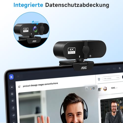 AOC Webcam 4K Ultra HD, Webcam with Microphone & Lens Cover, PC Camera Plug & Play, 99° View, Auto Focus, Web Cam Compatible with Zoom/Teams/Skype, for Home Office, Streaming, FaceTime, Black