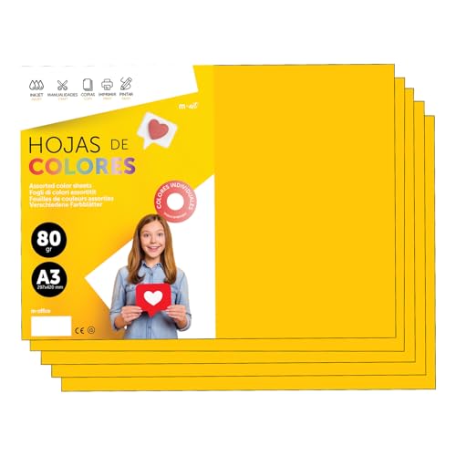 Buntes Papier A3 80g für Drucker & Basteln, Farbige Blätter für Kinder, Kreativprojekte, Karten & Schule M-office (500 Blatt, Gold)