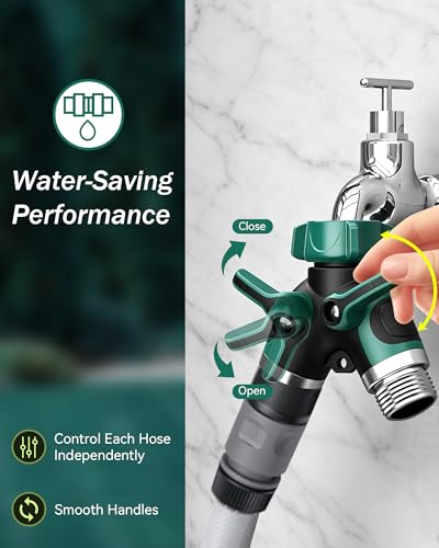 Garden Tap Splitter, 3/4" Dual Y Distributor 2 Way with Independent Switch and Adjustable and Lockable Automatic Irrigation Adapter, for Washing Machine, Gardens