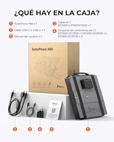 BigBlue Cargador Solar Plegable de 60W, ETFE Panel Solar Portátil QC3.0+PD45W+Salida de CC de 22,2V 【IP68 Resistente al Agua y Soporte】 para acampada, Compatible con Celular Tableta Generador Solar