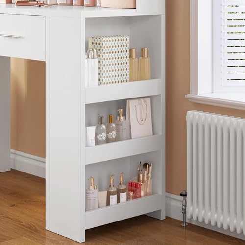 TEENFON Vanity Desk with Large Mirror & 10 Lights, Makeup Vanity with 3-Tier Open Side Storage Shelves, Vanity Table with 3 Color Light Adjustable for Bedroom, White, 40×80×143CM