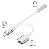 2 in 1 Type C to 3.5mm Headphone Jack Adapter, Sprtjoy USB C to 3.5mm Female Aux Audio Jack Stereo Earphone Connector Cable for Motorola Moto Z (Silver)