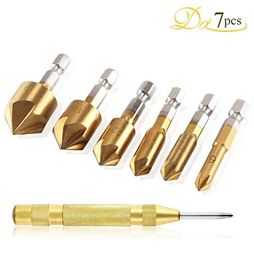 Dayree Countersink Drill Bits Center Punch Tool Sets, 6 pcs 90 Degree HSS 6 mm-19 mm Five-blade Chamfering Cutter and 1 pcs Brass Automatic Punch with 1/4'' Hex Shank for Wood Quick Change Bit