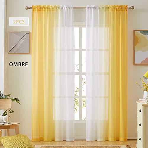 Ombre Faux Linen Sheer Curtains for Bedroom Living Room Rod Pocket, Privacy and Light Filtering, 2 Tone Reversible Gradient Voile Semi Window Curtains, Set of 2 Panels, Yellow, 54 x 72 Inch Length