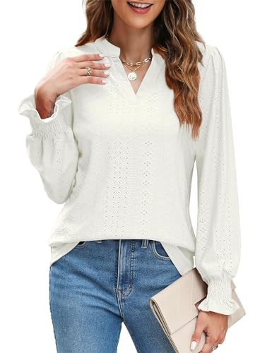 AMORETU WOMENS LACE T SHIRTS CASUAL V NECK TOPS PUFF LONG SLEEVE SHIRTS BLOUSE, WHITE S