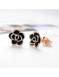 AllenCOCO - Pendientes de tuerca chapados en oro de 18 quilates, diseño de rosa negra
