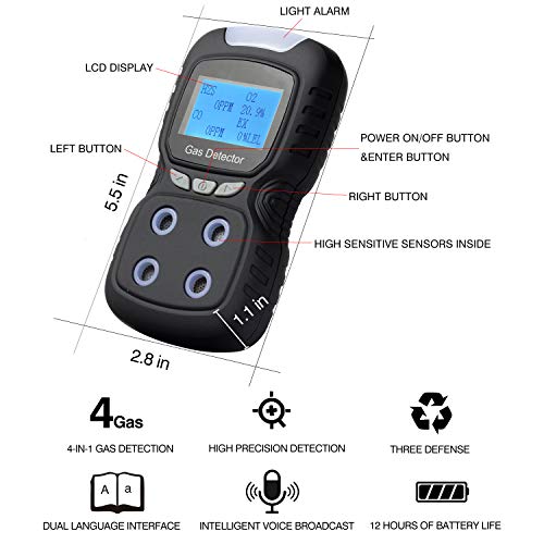 Gas Detector, Rechargeable Portable 4 in 1 Gas Clip 4-Gas Monitor Meter Tester Analyzer Sound Light Shock,2-Year Detector - Thumbnail 2