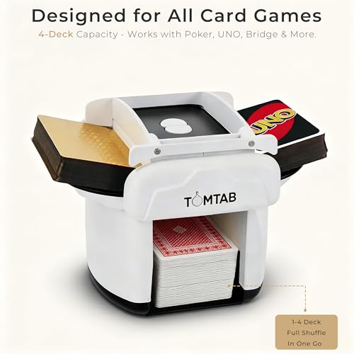 TINYLENS Automatic Card Shuffler for 1-4 Decks, Rechargeable, Large Capacity, Low Noise & Portable, for Poker, Blackjack, UNO and More, Includes 2 Golden Decks