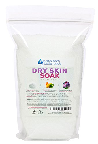 Dry Skin Bath Salt 3-lbs (48 Ounces) - Epsom Salt Bath Soak With Lavender & Geranium Essential Oil & Vitamin C - Helps Moisturize & Restore Itchy Dry Skin & Eczema - Natural, No Perfumes & No Dyes
