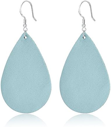 Genuine Leather Teardrop Earrings Handcrafted Unique Jewelry for Women Girls Light Blue
