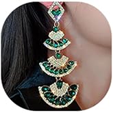 Wekicici Long Crystal Dangle Earrings Fan-shaped Rhinestone Earrings Green Shiny Teardrop Drop Earrings Sparkly Statement Earrings for Women