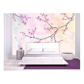 Large Wall Mural - Pink Blooming Cherry Flowers on The Branch with Abstract Background | Self-Adhesive Vinyl Wallpaper/Removable Modern Wall Decor - 66x96 inches