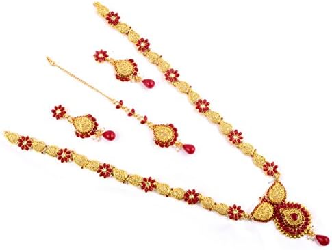 Megh Craft Women South Indian Long Bridal Necklace Set with Maang Tikaa