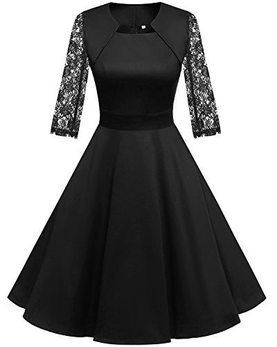 Homrain Women's 1950s Retro Vintage A-Line Long Sleeves Cocktail Swing Party Dress Black-B L