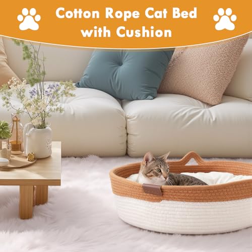 Zocipro Cotton Rope Cat Bed with Cushion, 46 x 46 x 16 cm, Large Round Washable Bed with Ball Toy in Cotton Rope
