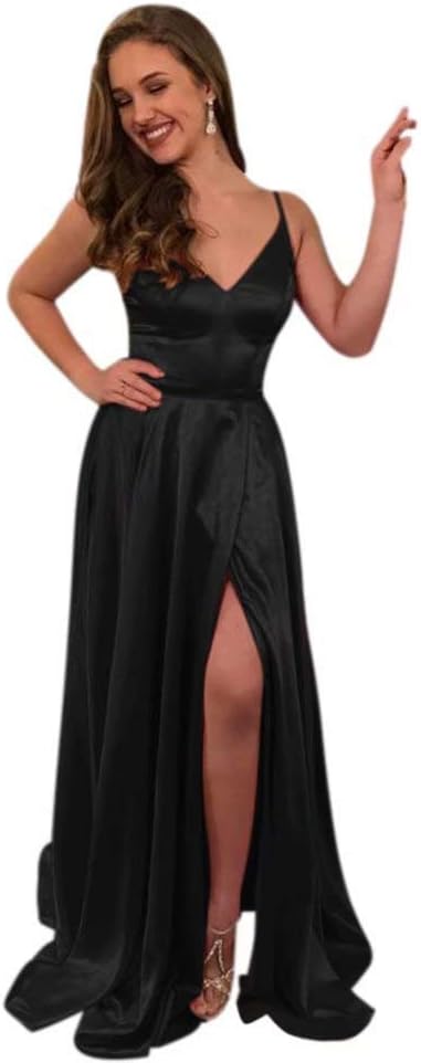 ElenaDressy Women's Simple Spaghetti Straps A Line Long Prom Dresses With Slit