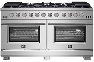 FORNO Capriasca Full Gas 60" Inch. Freestanding Range with 10 Sealed Burners Cooktop - 8.64 Cu.Ft. Double Gas Convection Oven Capacity, Stainless Steel Heavy Duty Cast Iron Grate.