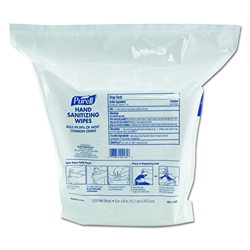 PURELL 911802 Hand Sanitizing Wipes, 6" x 8", White, 1200/Refill Pouch (Case of 2 Refills)