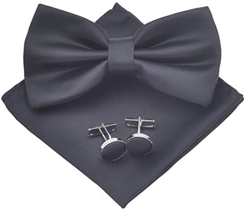 Ruibao Men's Solid Pre-tied Bow Tie & Handkerchief & Cufflinks Set