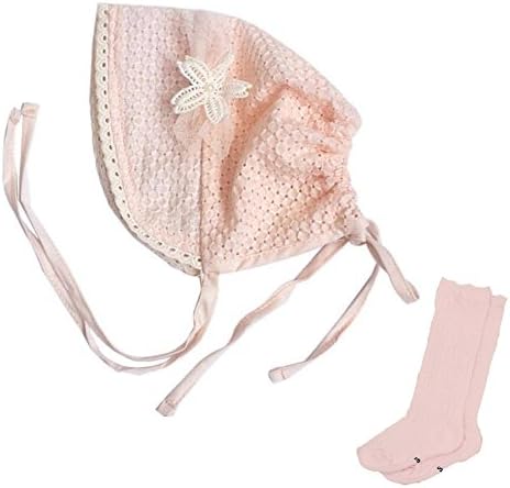 Nara Baby Kin, Set of 2 Basic Bonnet and Socks Set, Baby Girls Toddlers Breathable Sun Protection Hat with Eyelet Lace Trimmed - Hat and Sock Set (0-6 Month, Pink)