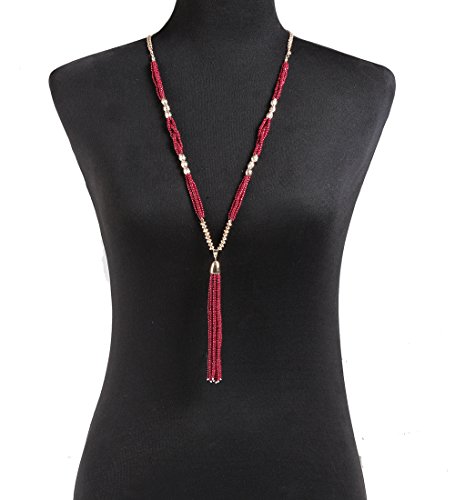 Isaloe Long Necklaces Women Beaded Tassel Necklace Pendant Sweater Necklace Chain (Wine Red)