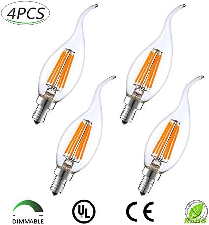 Dimmable E12 6W AC110V LED Filament Candelabra Light Bulb Chandelier LED Candle Bulbs LED Light Equivalent to 60W Halogen Bulb,2700K,360°Beam Angle,Energy Saving Bulb, Upgrade New,Pack of 4