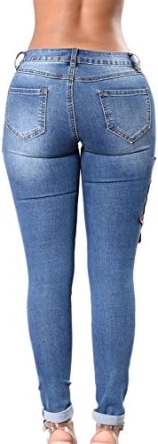 Lady Swain Women's Denim Rose Embroidered Destroyed Frayed Hem Skinny Jeans Hole Jeans for Women