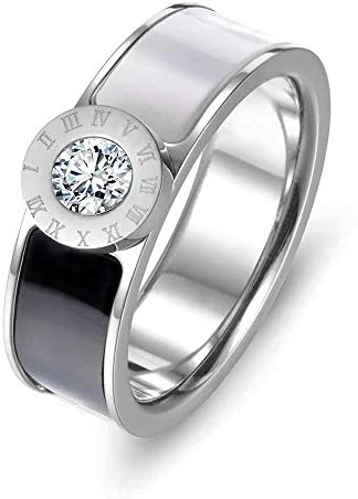 Designer Inspired Silver Titanium Roman Numerals Love Ring with Enamel and Austrian Crystals