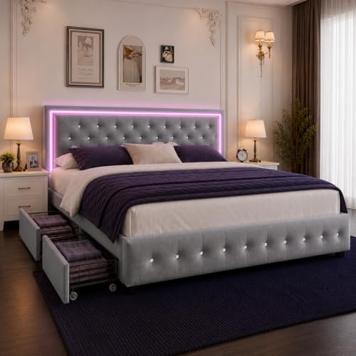 Queen Bed Frame with 4 Storage Drawers, LED Bed Frame with Remote Control Rhythm Sync Light, Adjustable Diamond Tufted Headboard, No Box Spring Needed, Velvet Grey