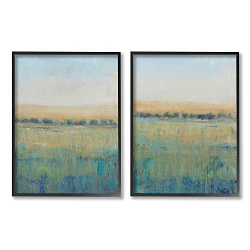 'Sunset Open Meadow Soft Green Floral Field'| 2pc Framed Giclee Art Set 2