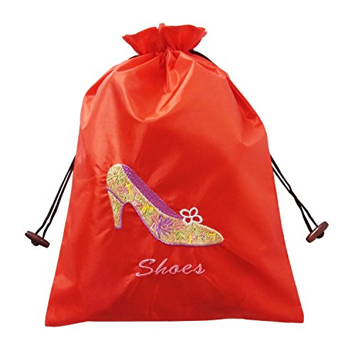 Gold Fortune 4 Packs 10.5" x 14" (L x W) Embroidered Silk Jacquard Travel Lingerie and Shoes Bags with Drawstring Closure (Red)