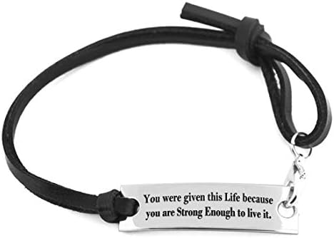 silver stamped" You were given this life.." inspirational bracelet with black leather strap