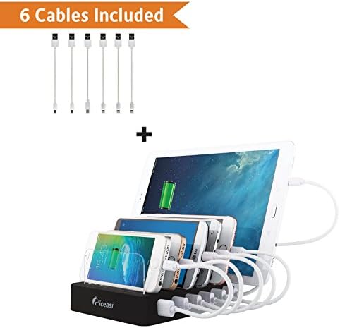 Charging Station for Multiple Devices - 6-Port USB Dock &amp; Organizer for Smartphones &amp; Tablets with Quick Charge for USB-C Powered Gadgets (Cables Included) - Black