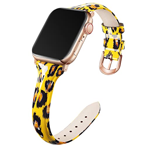 Mazoft Leather Slim Bands Compatible with Apple Watch Band 38mm 40mm 41mm 42mm 44mm 45mm 46mm 49mm for Women；Thin Strap for iWatch Series 10 9 8 7 6 5 SE 4 3 and Ultra 2 &1 (Yellow)